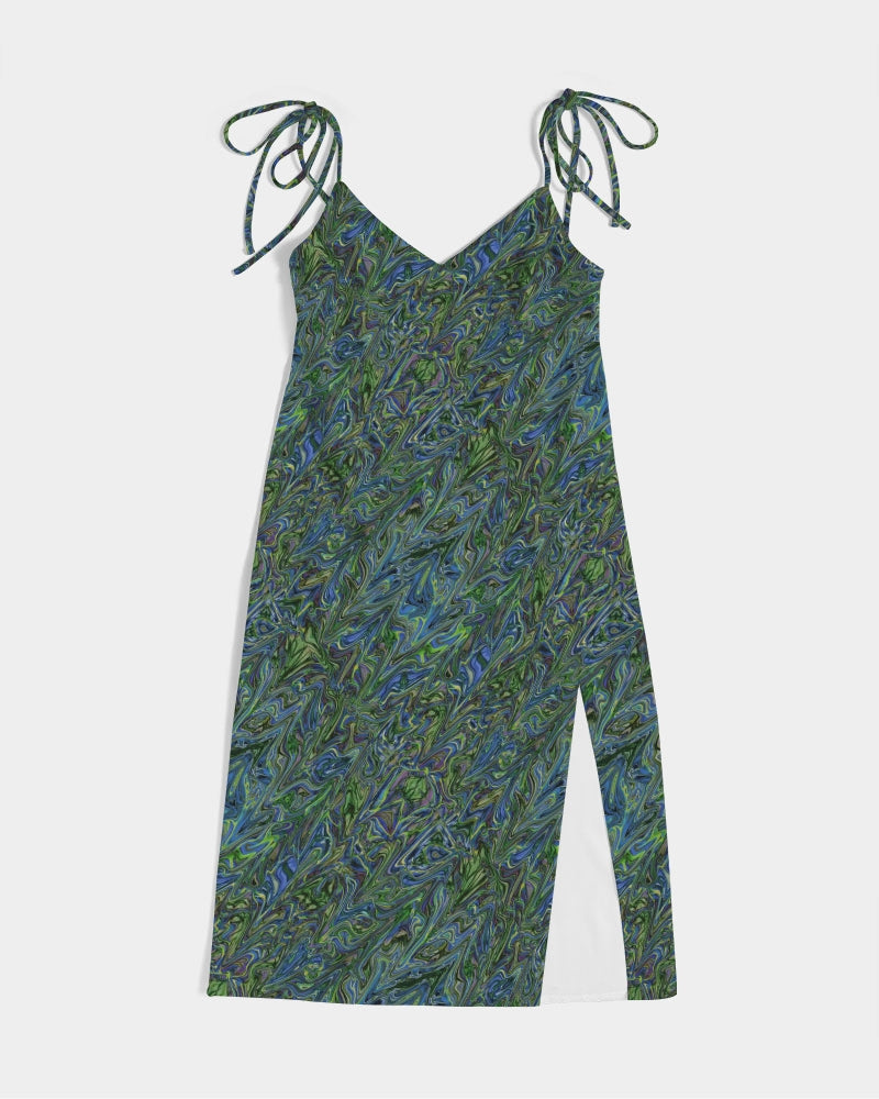 Blue Green Liquid Marbling Women's Tie Strap Split Dress