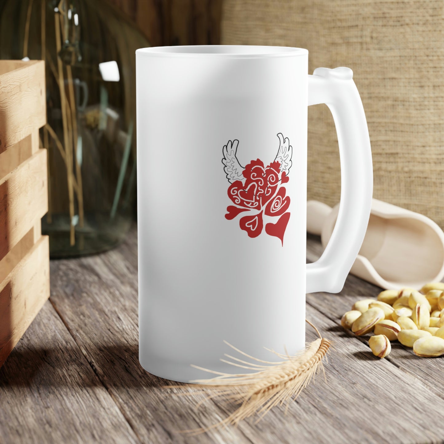 Hearts and Wings Frosted Glass Beer Mug