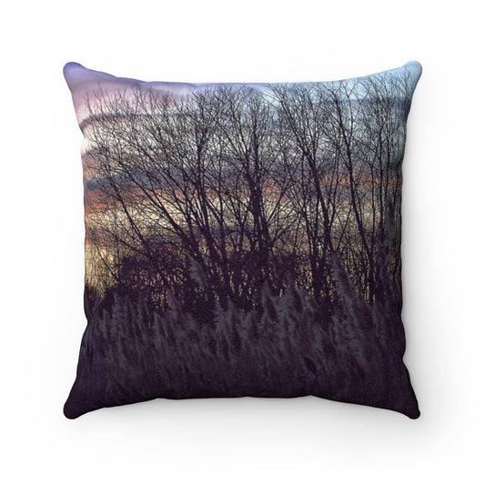Fall Sunset In a Grassy Field Faux Suede Square Pillow
