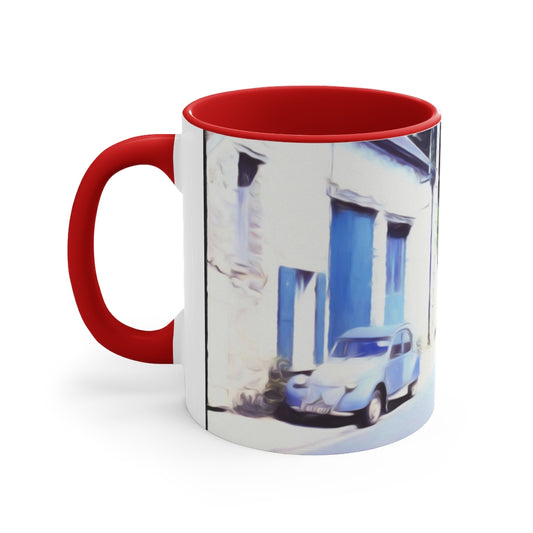 Vintage Travel Blue Car on Street Accent Coffee Mug, 11oz