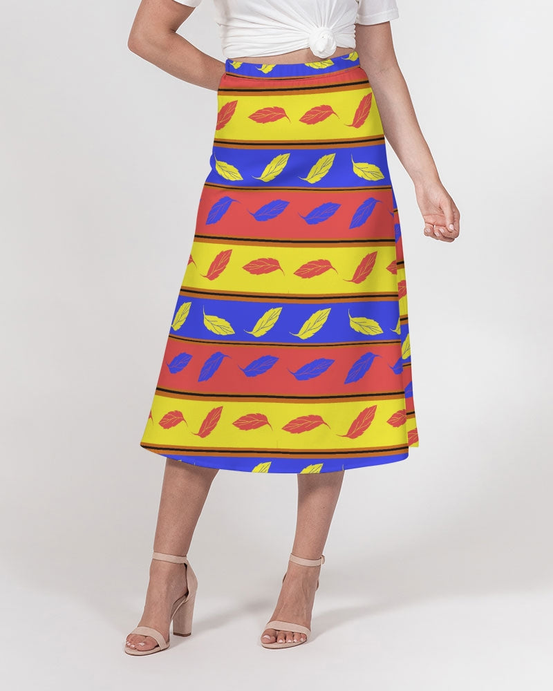 Red Yellow and Blue Leaf Stripes Women's A-Line Midi Skirt