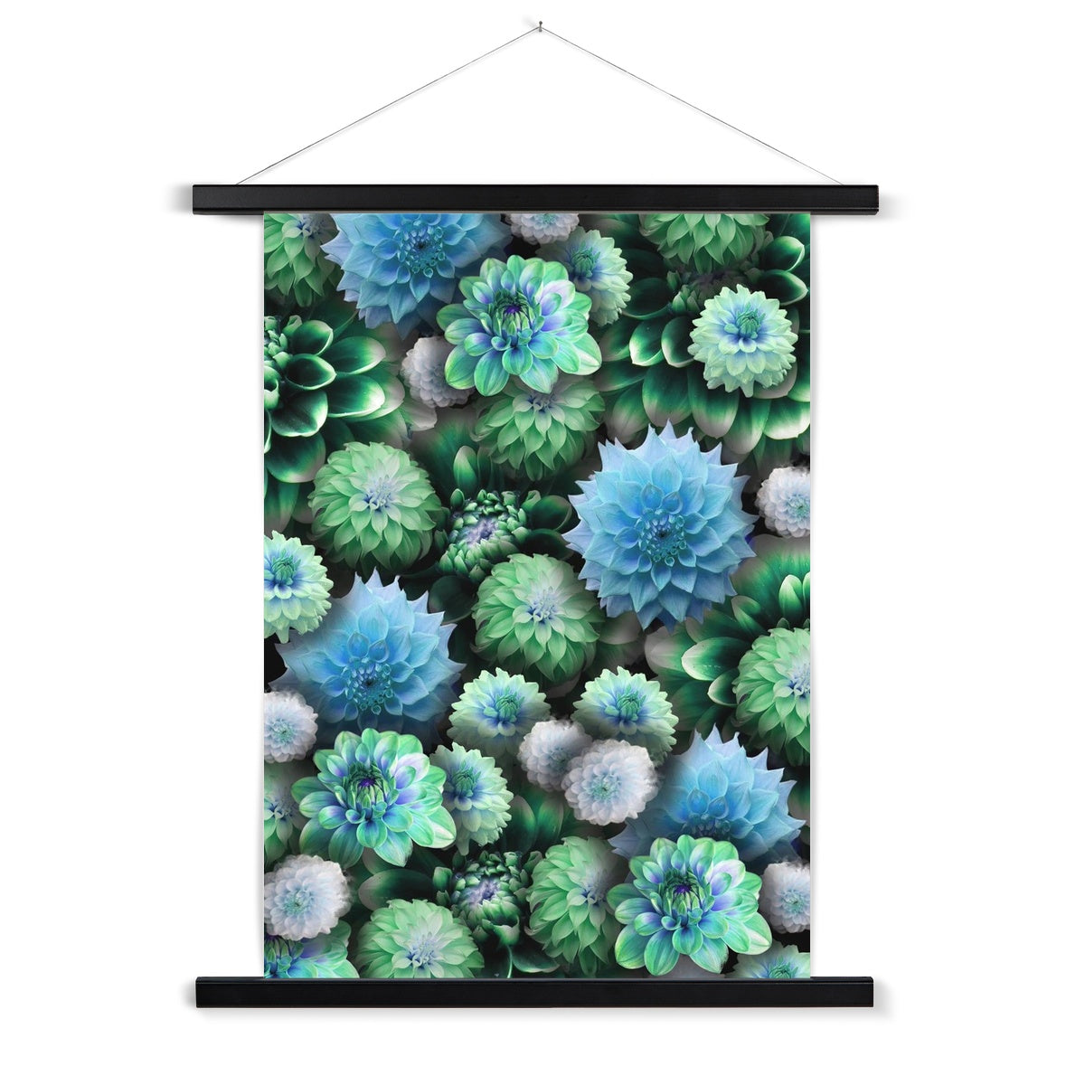 Blue Green Dahlias Fine Art Print with Hanger