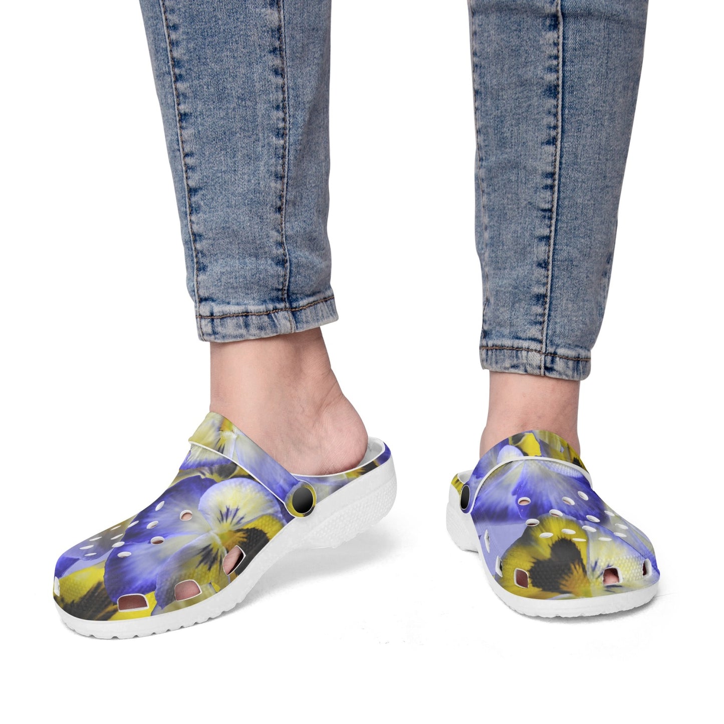 Blue and Yellow Pansies 413. All Over Printed Clogs