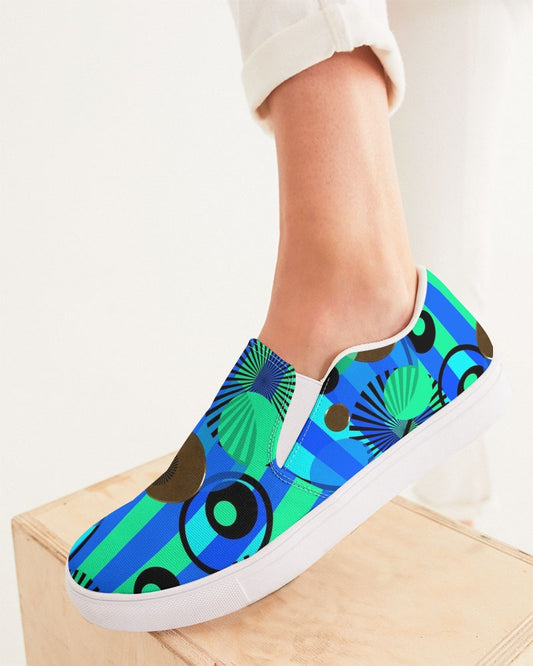 Blue Green Stripes and Dots Women's Slip-On Canvas Shoe