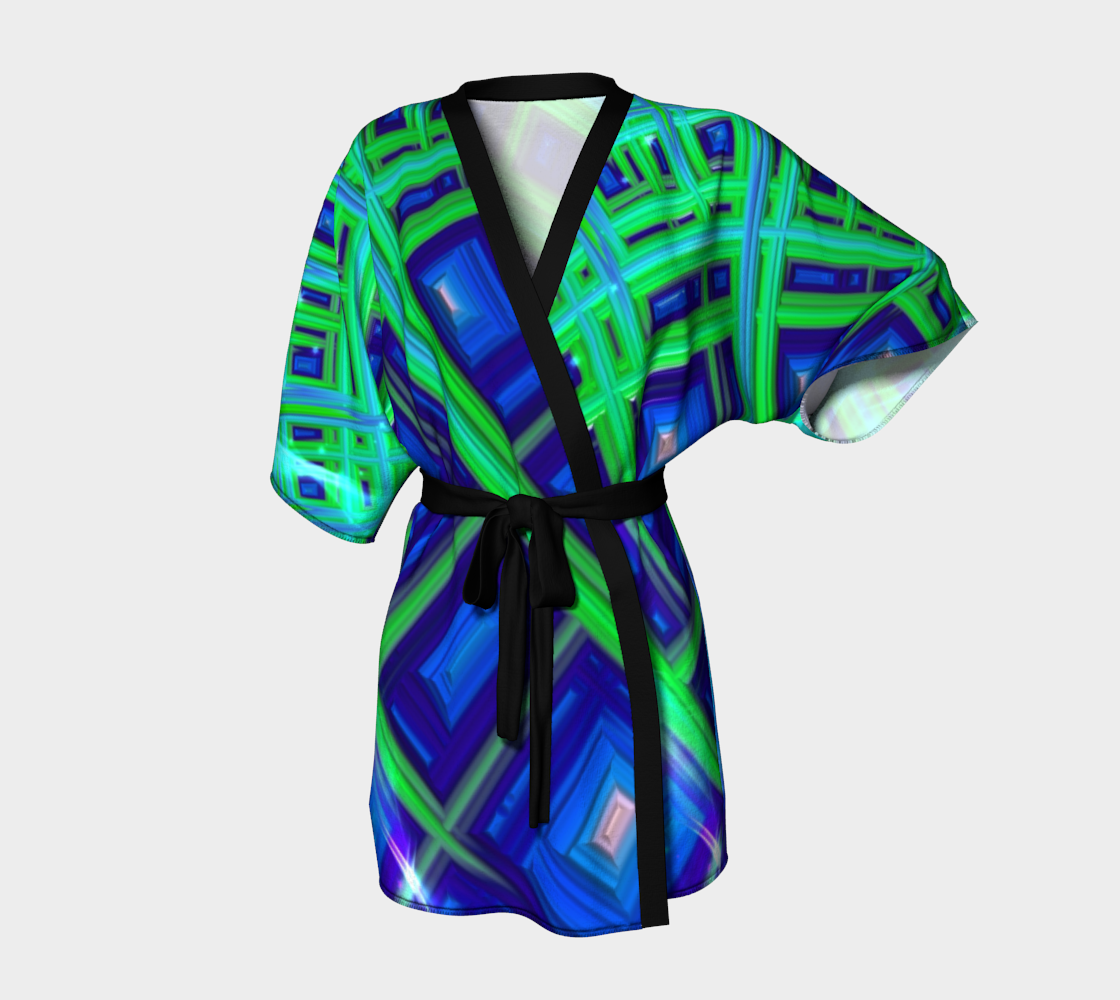 Green Blue Square Fractal Kimono Robe