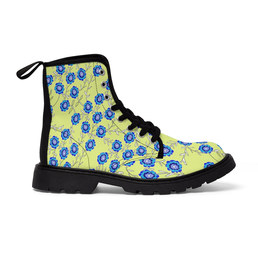 Blue Flowers On Yellow Women's Canvas Boots