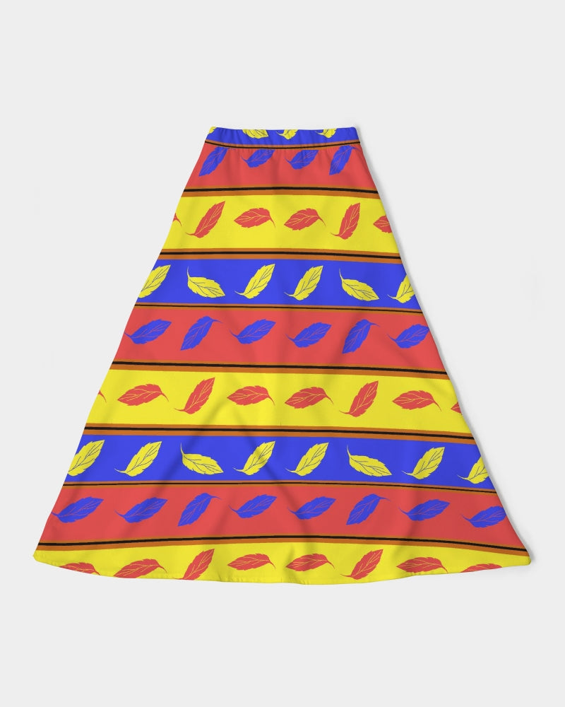 Red Yellow and Blue Leaf Stripes Women's A-Line Midi Skirt