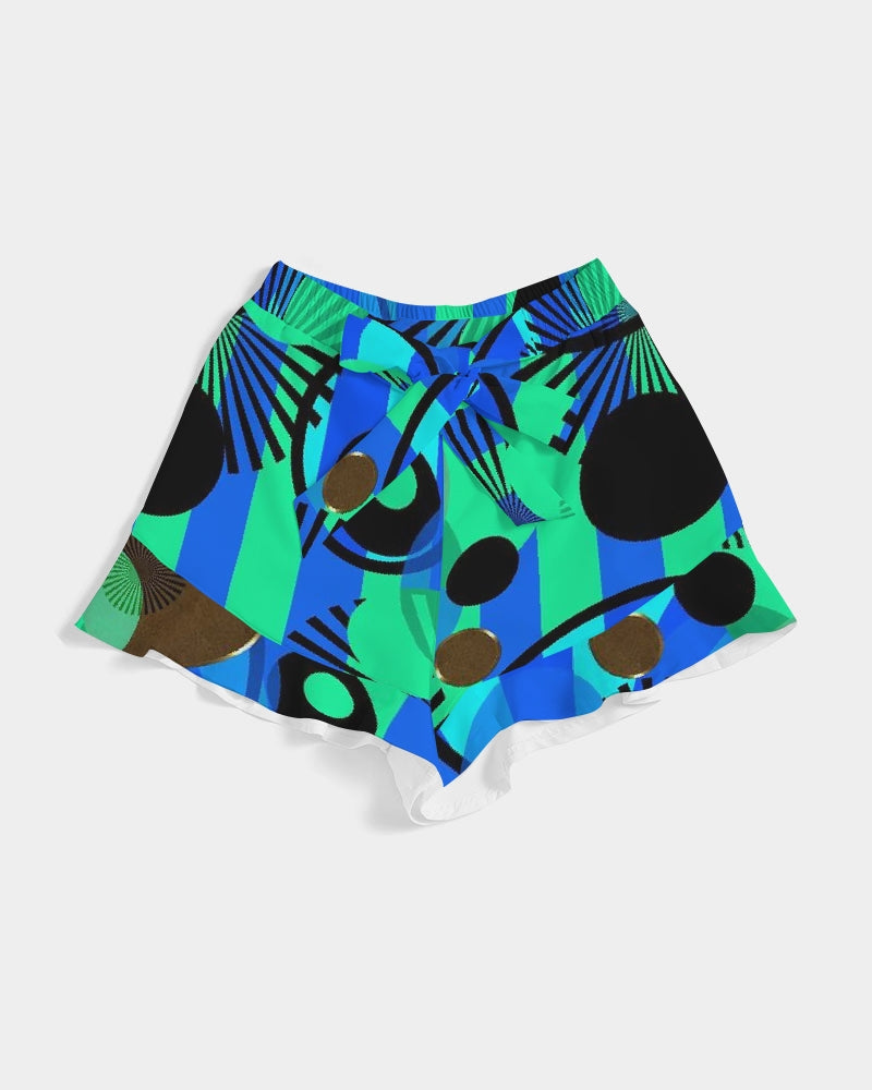 Blue Green Stripes and Dots Women's Ruffle Shorts