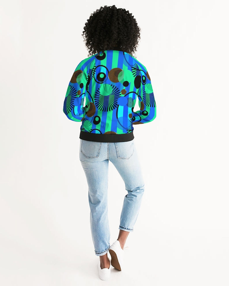 Blue Green Stripes and Dots Women's Bomber Jacket