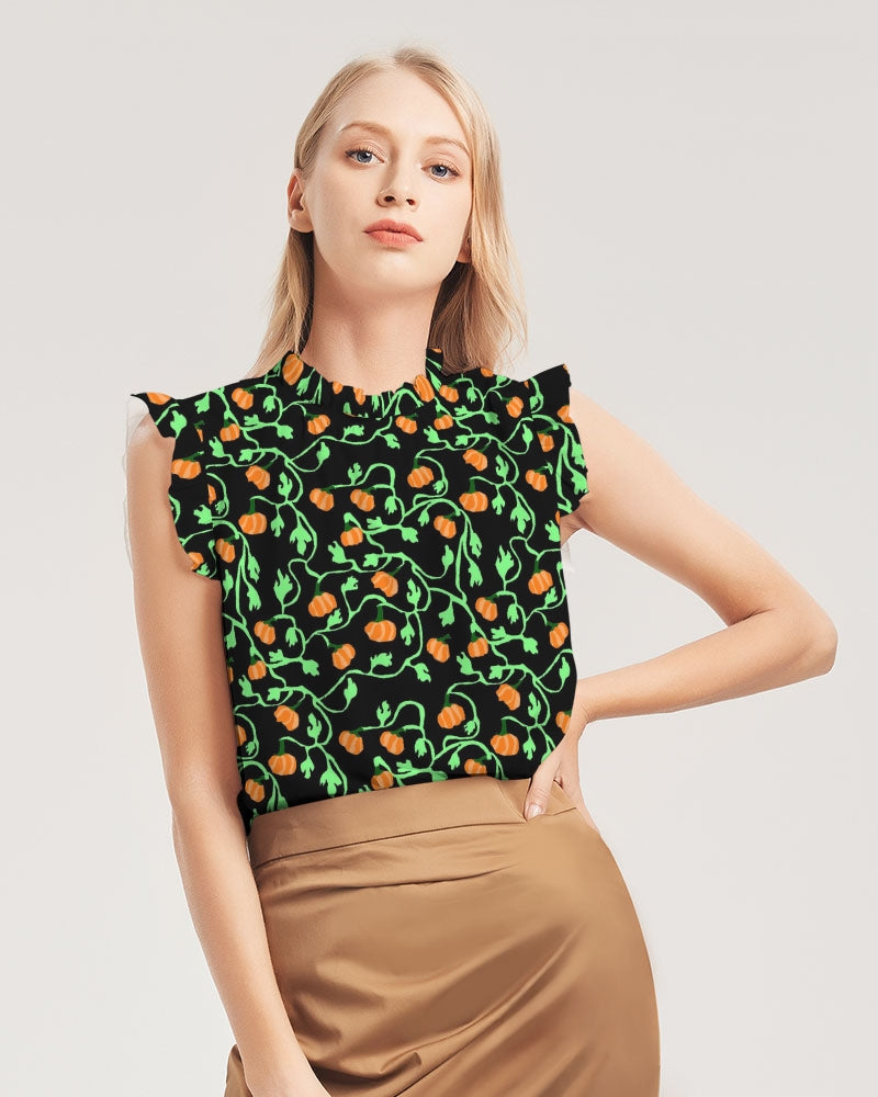 Pumpkin and Vines Patttern Women's Ruffle Sleeve Top