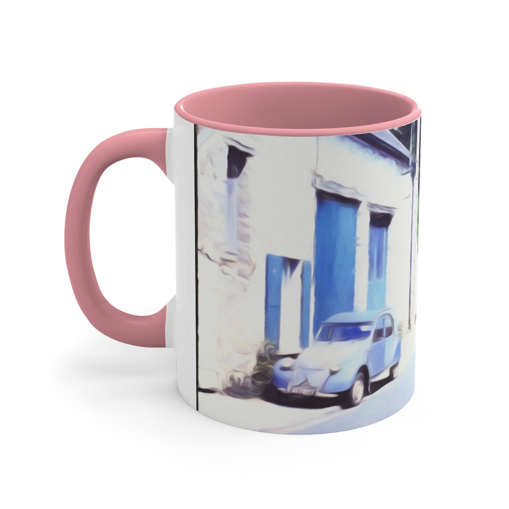 Vintage Travel Blue Car on Street Accent Coffee Mug, 11oz