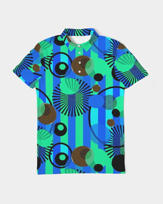 Blue Green Stripes and Dots Men's Slim Fit Short Sleeve Polo