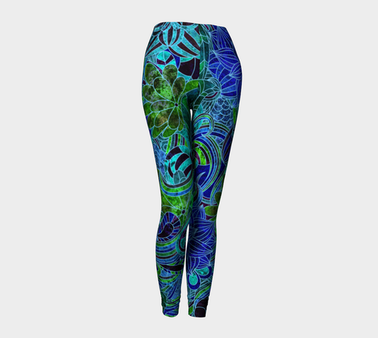 Blue Green Floral Pattern Leggings