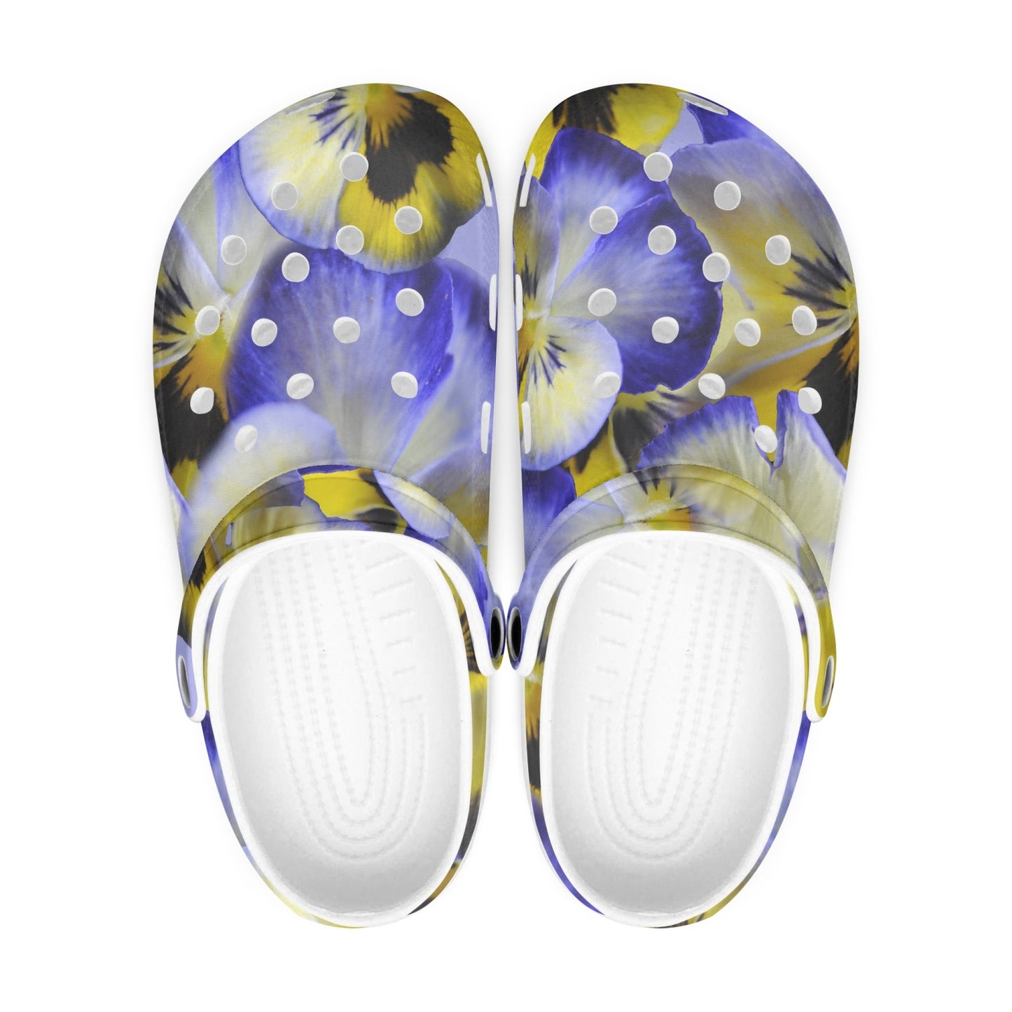 Blue and Yellow Pansies 413. All Over Printed Clogs