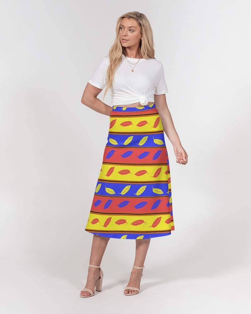 Red Yellow and Blue Leaf Stripes Women's A-Line Midi Skirt