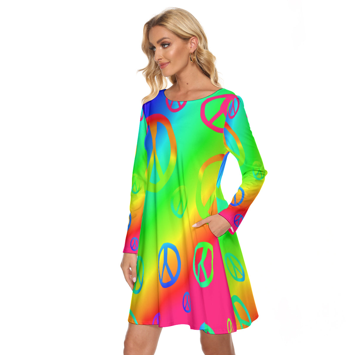 Rainbow Peace Signs All-Over Print Women's Crew Neck Dress