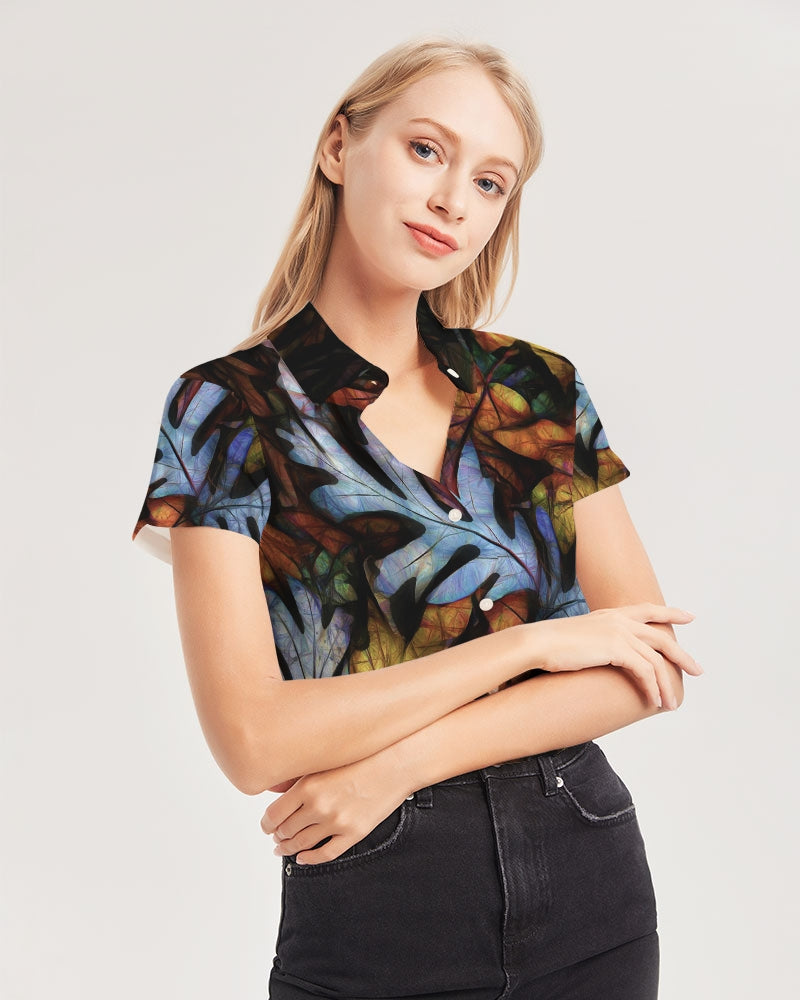 Mid October Leaves Women's Short Sleeve Button Up