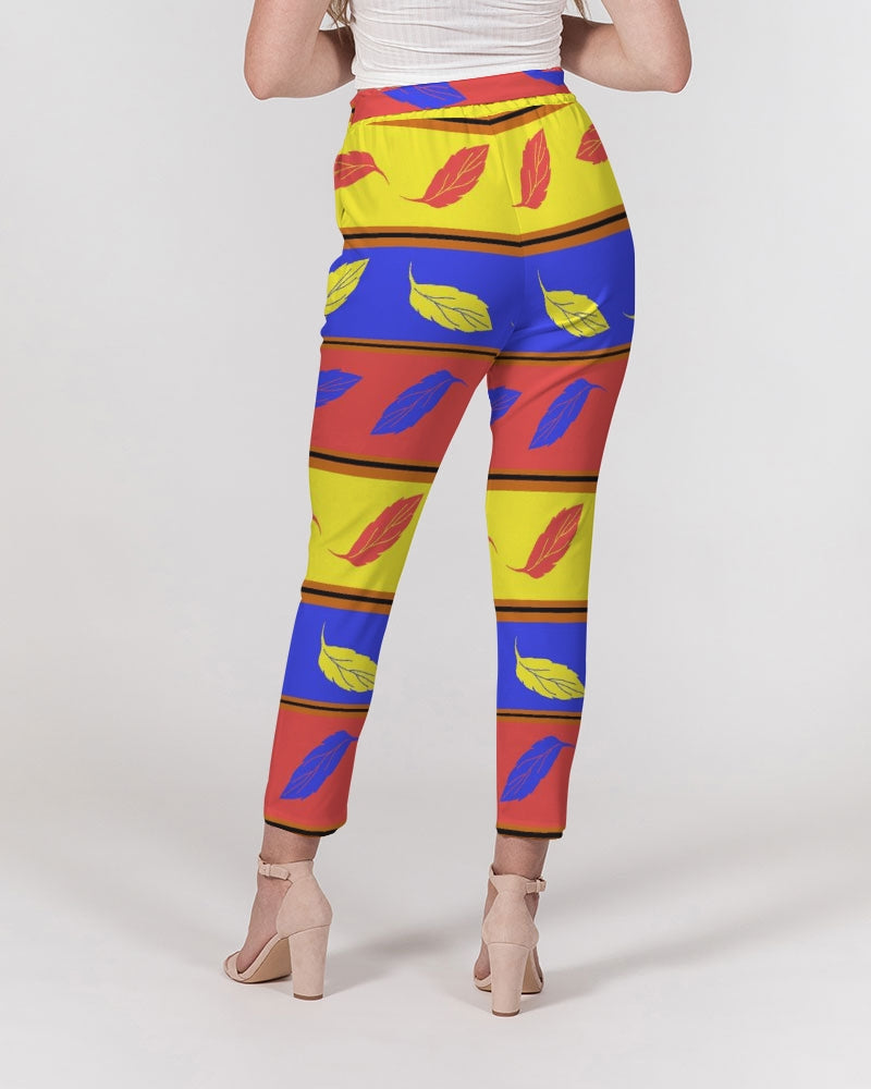 Red Yellow and Blue Leaf Stripes Women's Belted Tapered Pants