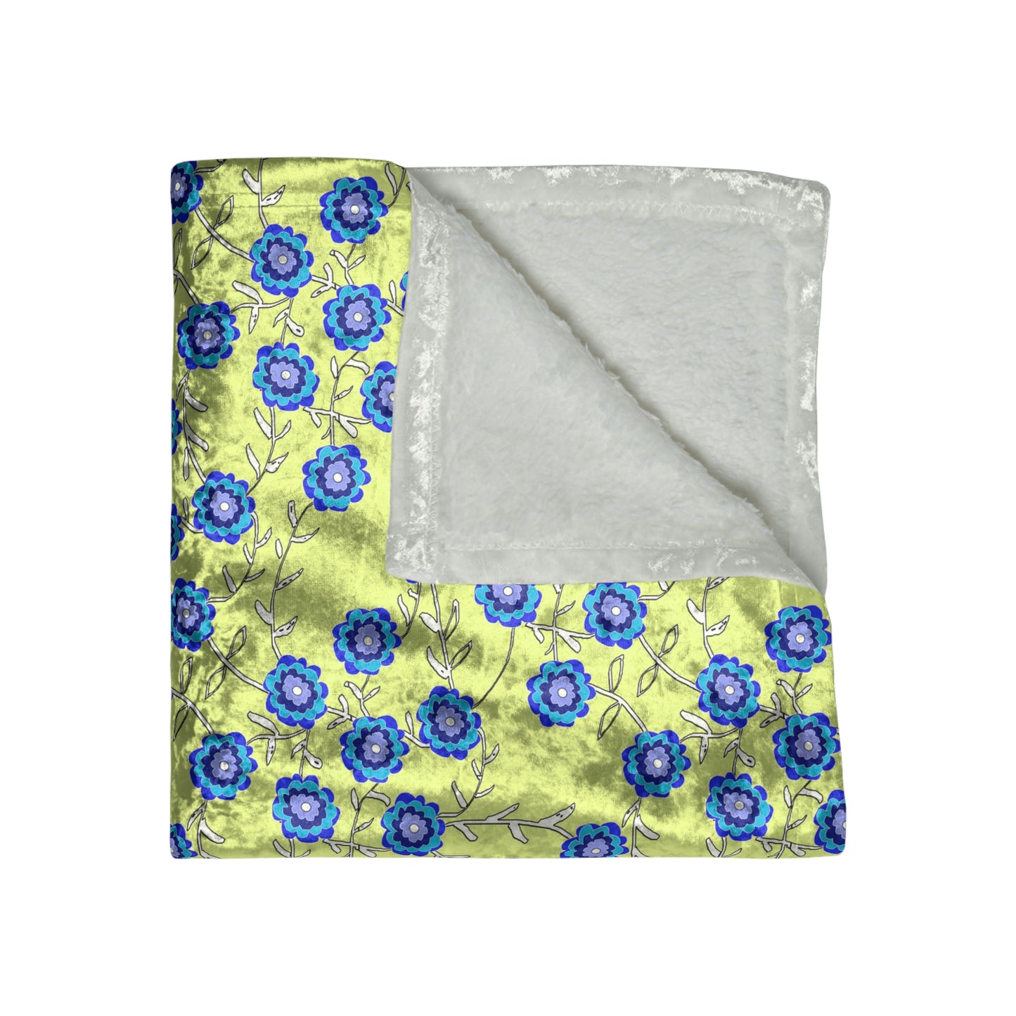 Blue Flowers on Yellow Crushed Velvet Blanket