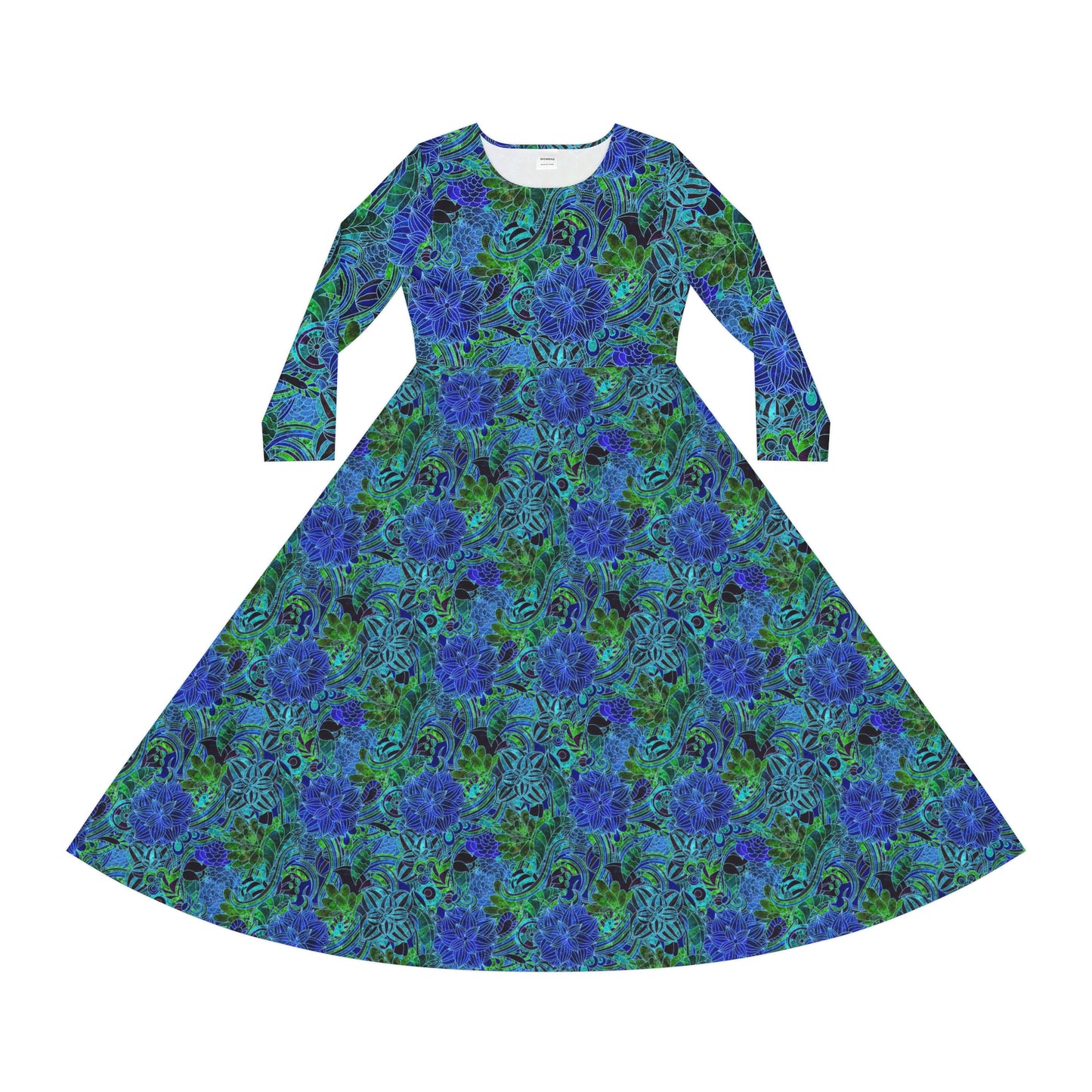 Blue Green Floral Pattern Women's Long Sleeve Dance Dress (AOP)