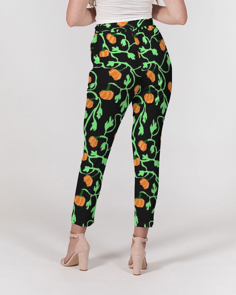 Pumpkin and Vines Patttern Women's Belted Tapered Pants