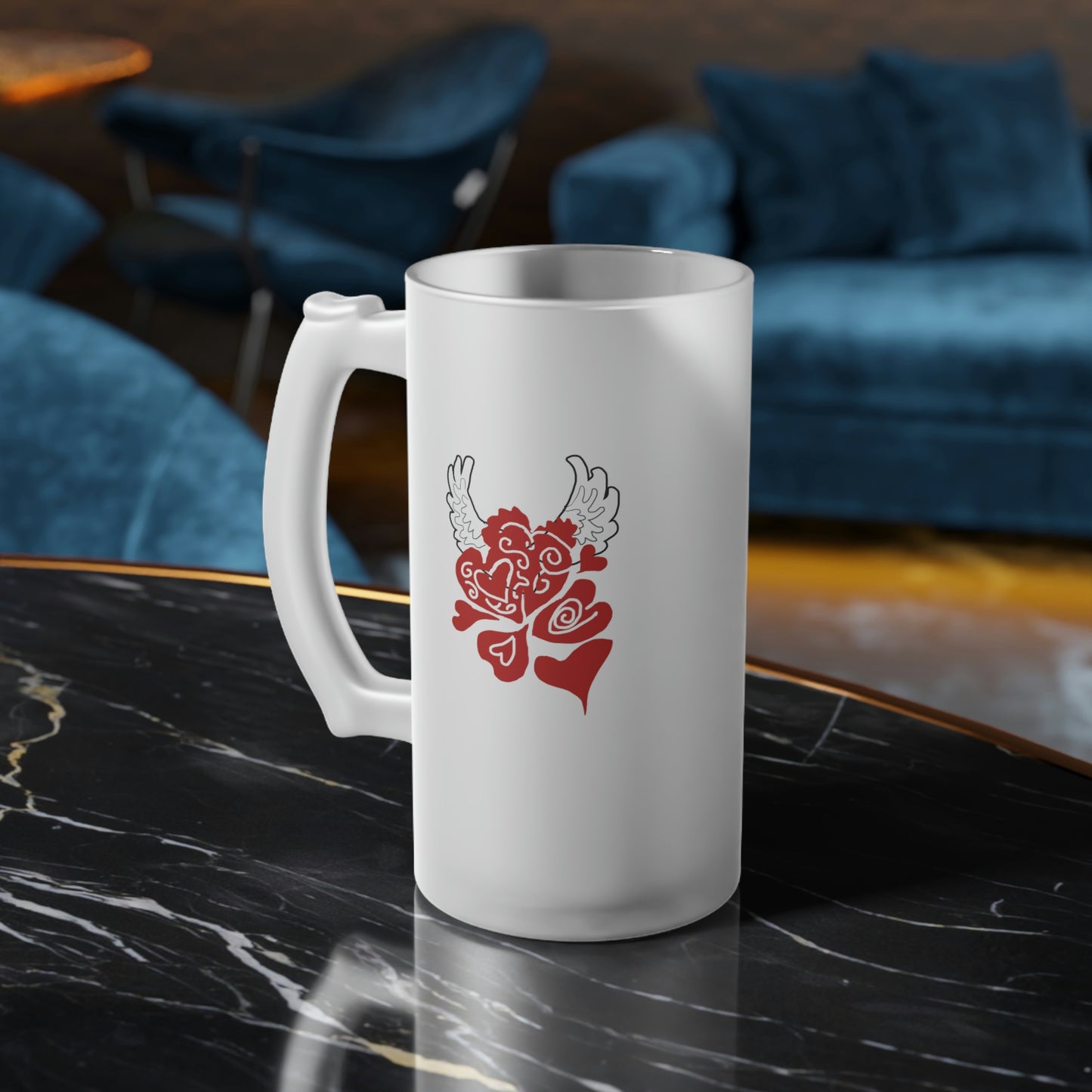 Hearts and Wings Frosted Glass Beer Mug