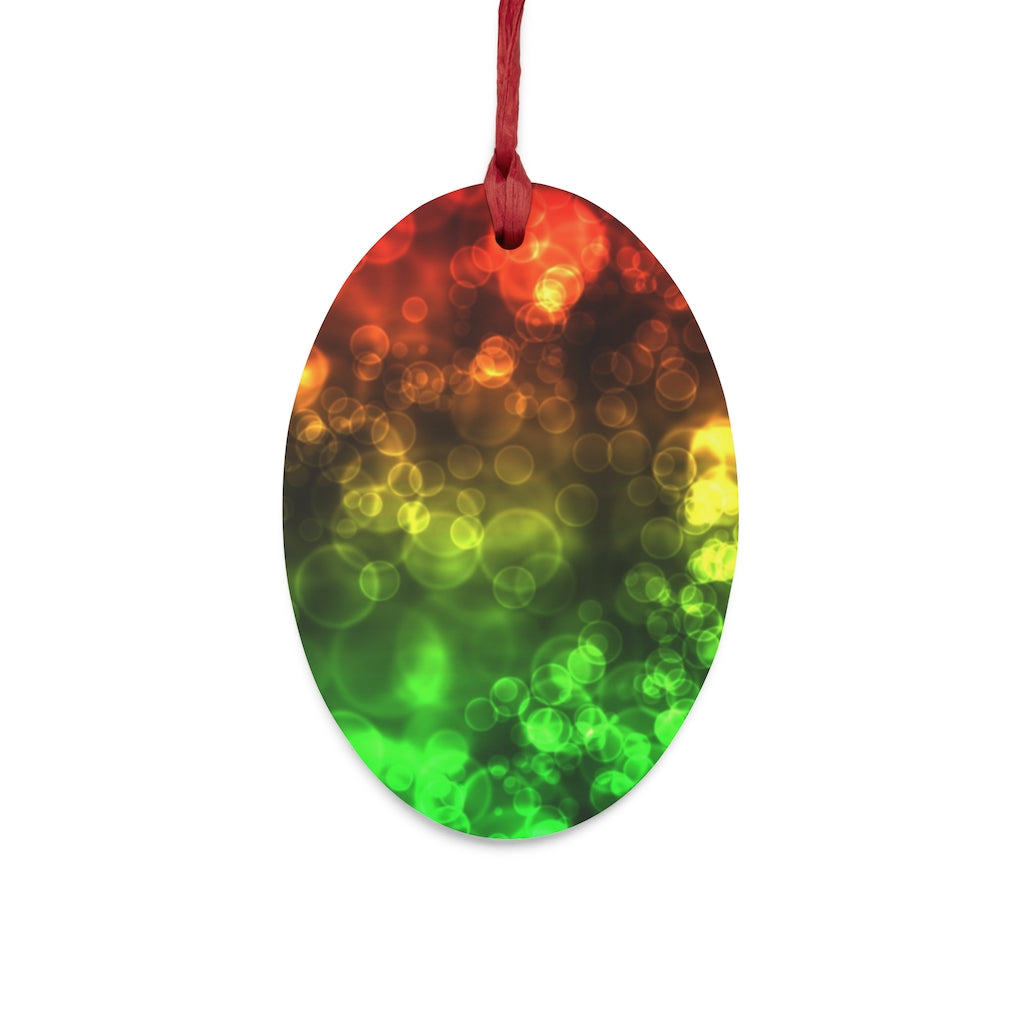 Red Green Bokeh Lights Wooden Christmas Ornaments