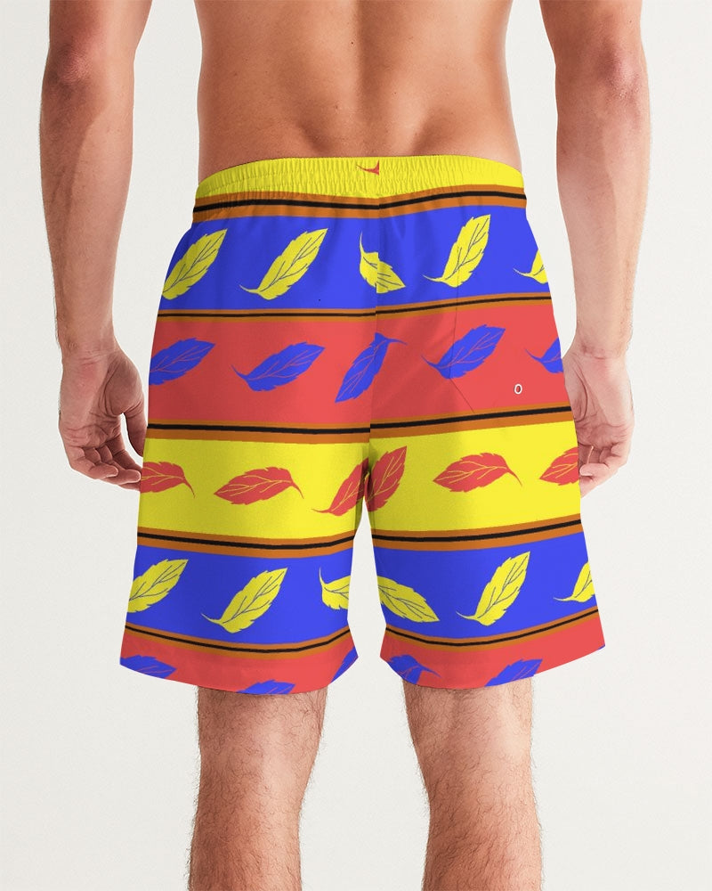 Red Yellow and Blue Leaf Stripes Men's Swim Trunk