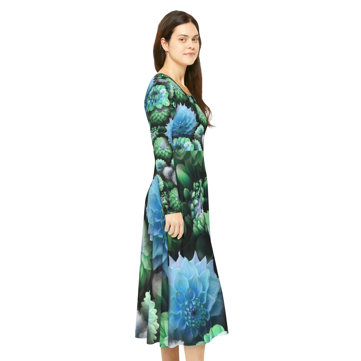 Blue Green Dahlias Collage Women's Long Sleeve Dance Dress (AOP)