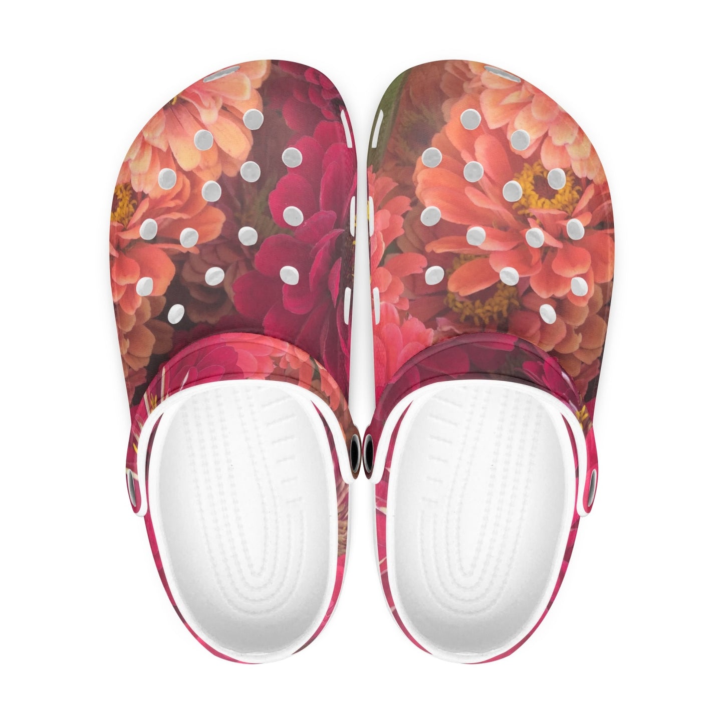 Peach and Pink Zinnias 413. All Over Printed Clogs