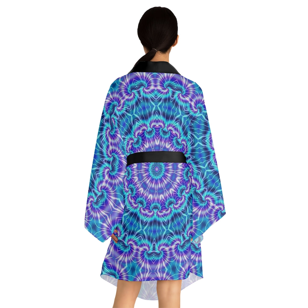 Blue and Purple Tie Dye Kaleidoscope Long Sleeve Kimono Robe