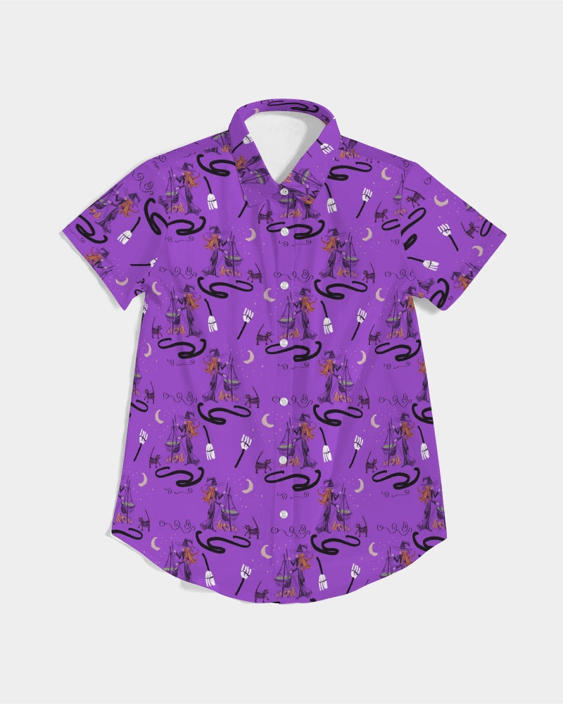 Witch Cat Cauldron Pattern Women's Short Sleeve Button Up