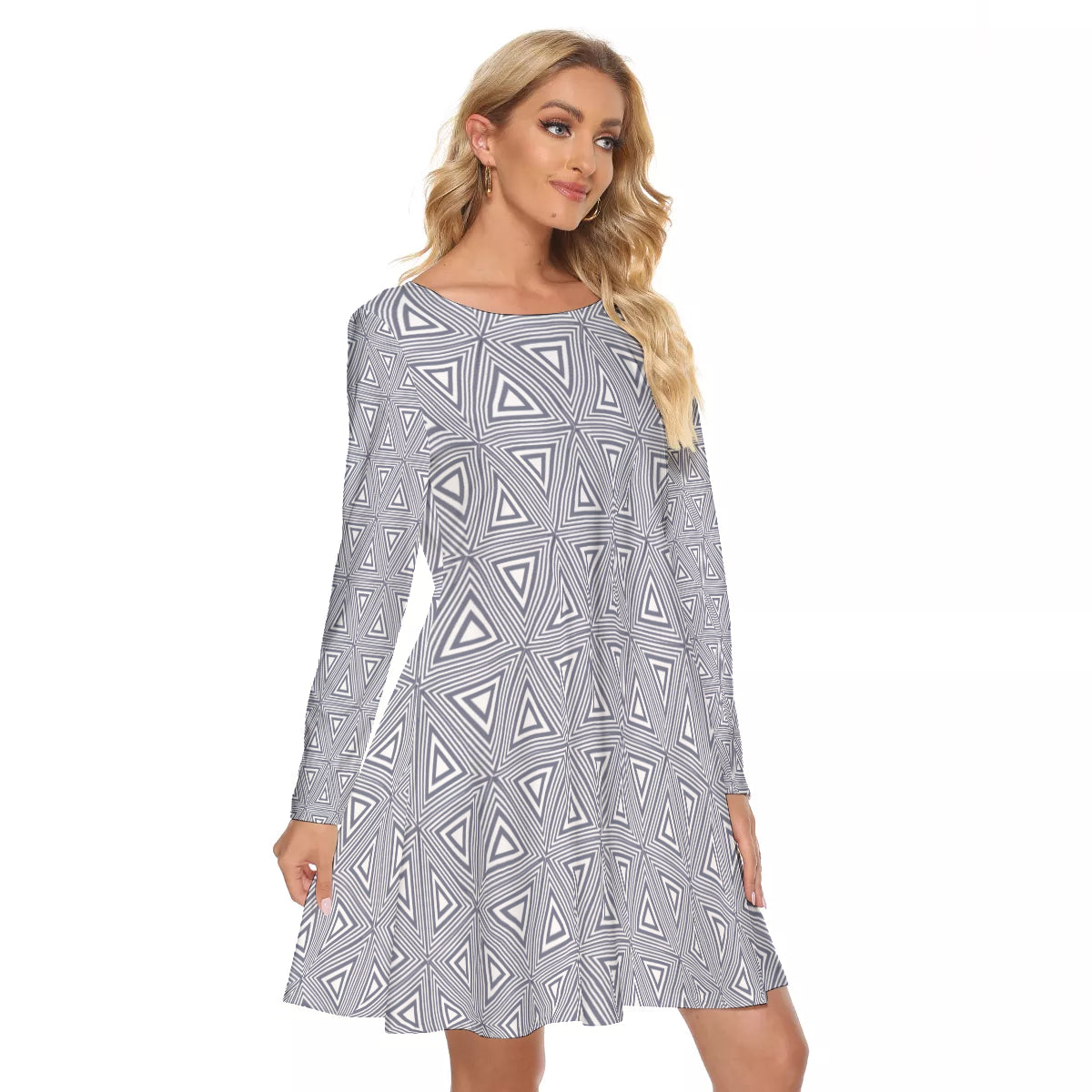 Gray Triangles All-Over Print Women's Crew Neck Dress