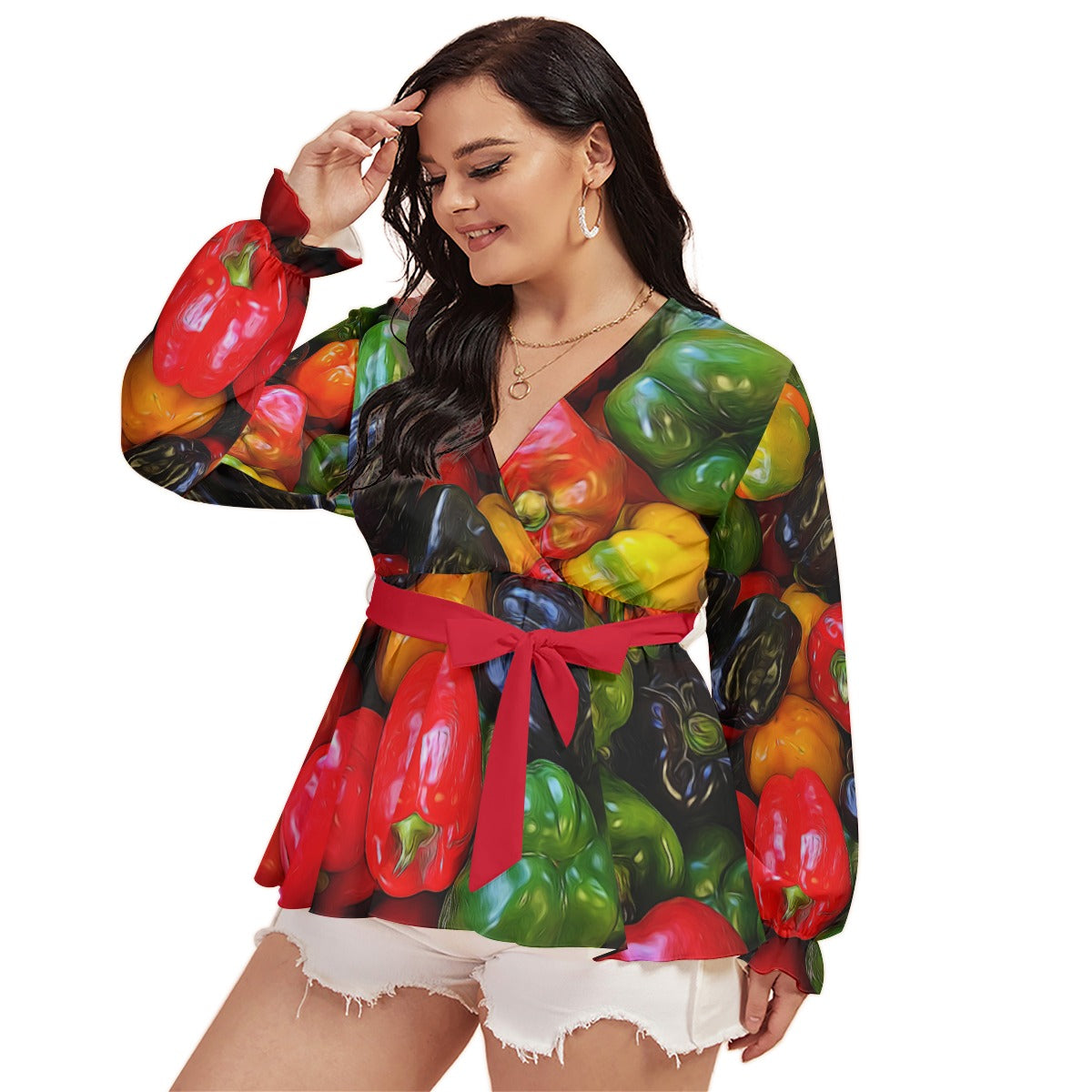 Colorful Bell Peppers All-Over Print Women's V-neck T-shirt With Waistband (Plus Size)