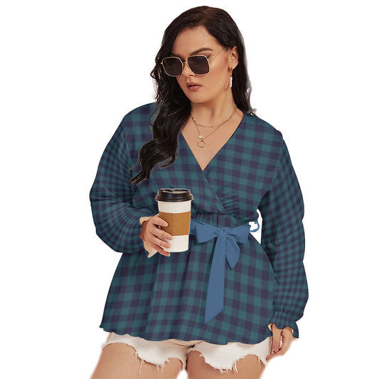 Blue Gingham All-Over Print Women's V-neck T-shirt With Waistband (Plus Size)