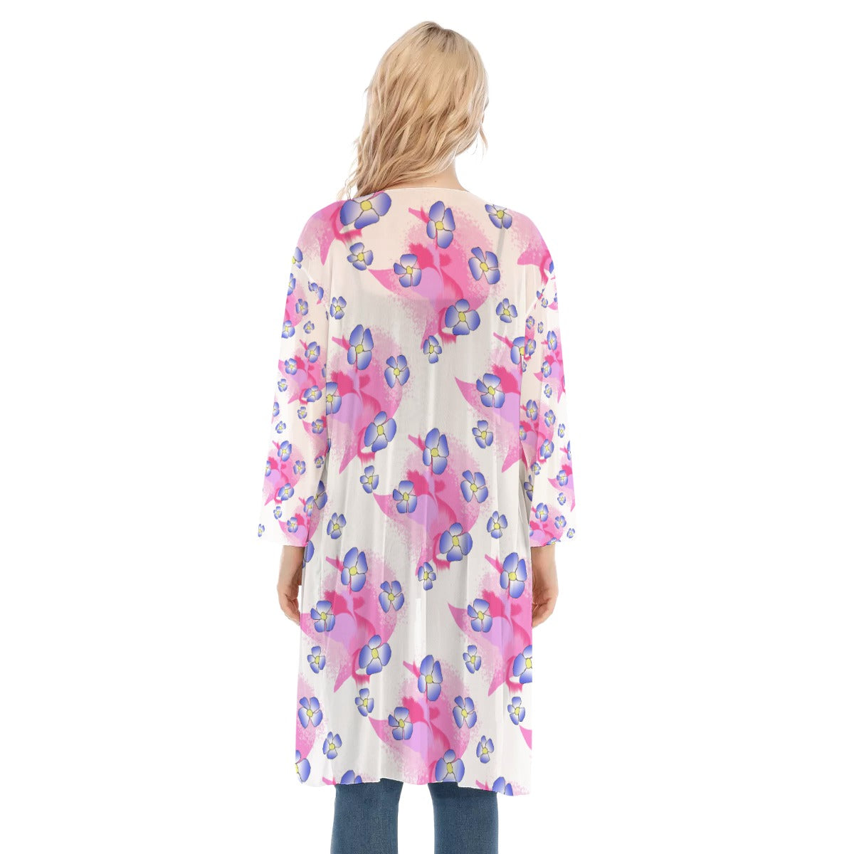 Blue Flowers On Pink All-Over Print Women's V-neck Mesh Cardigan
