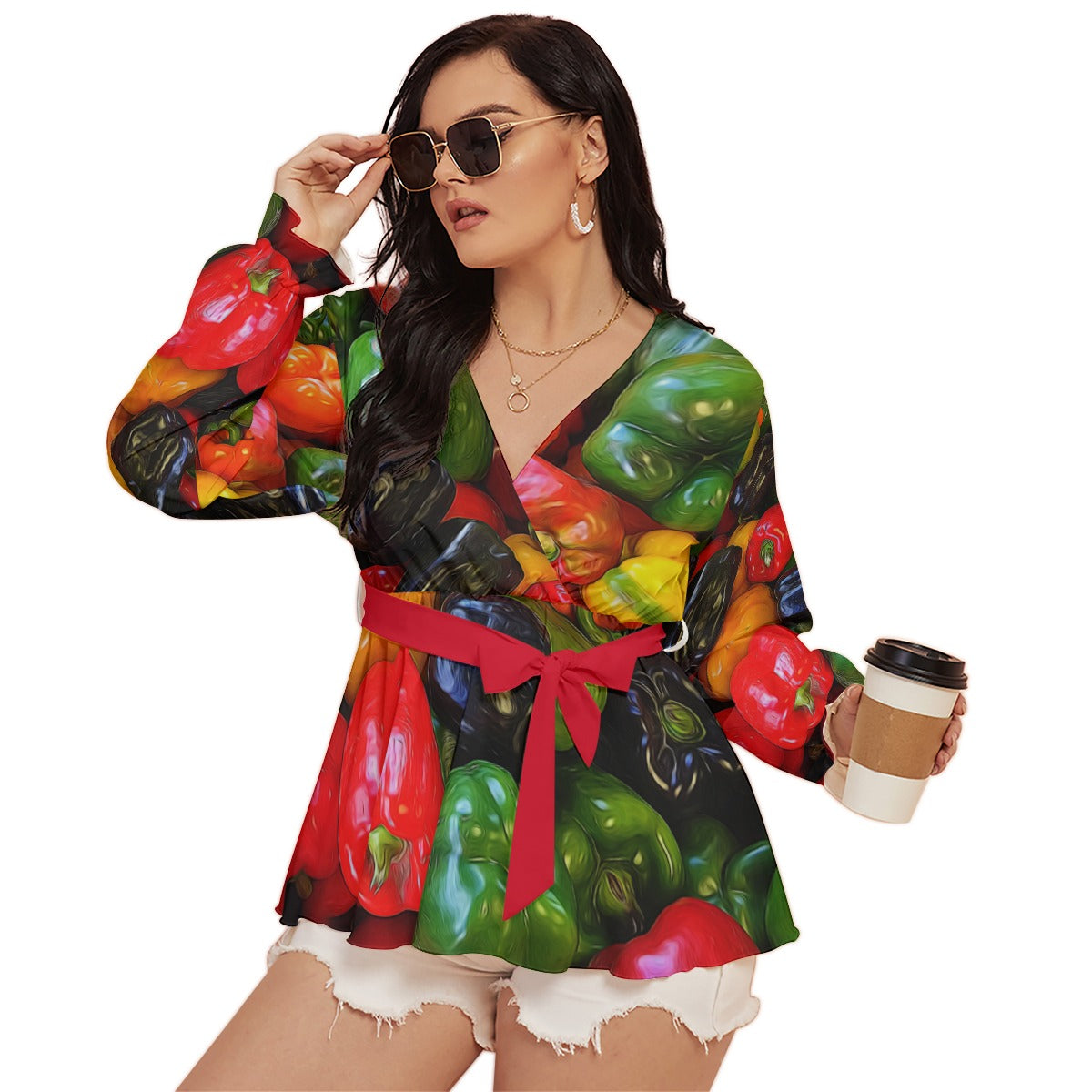 Colorful Bell Peppers All-Over Print Women's V-neck T-shirt With Waistband (Plus Size)