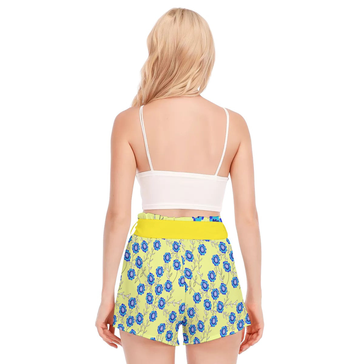 Blue Flowers On Yellow All-Over Print Women's Waist Shorts