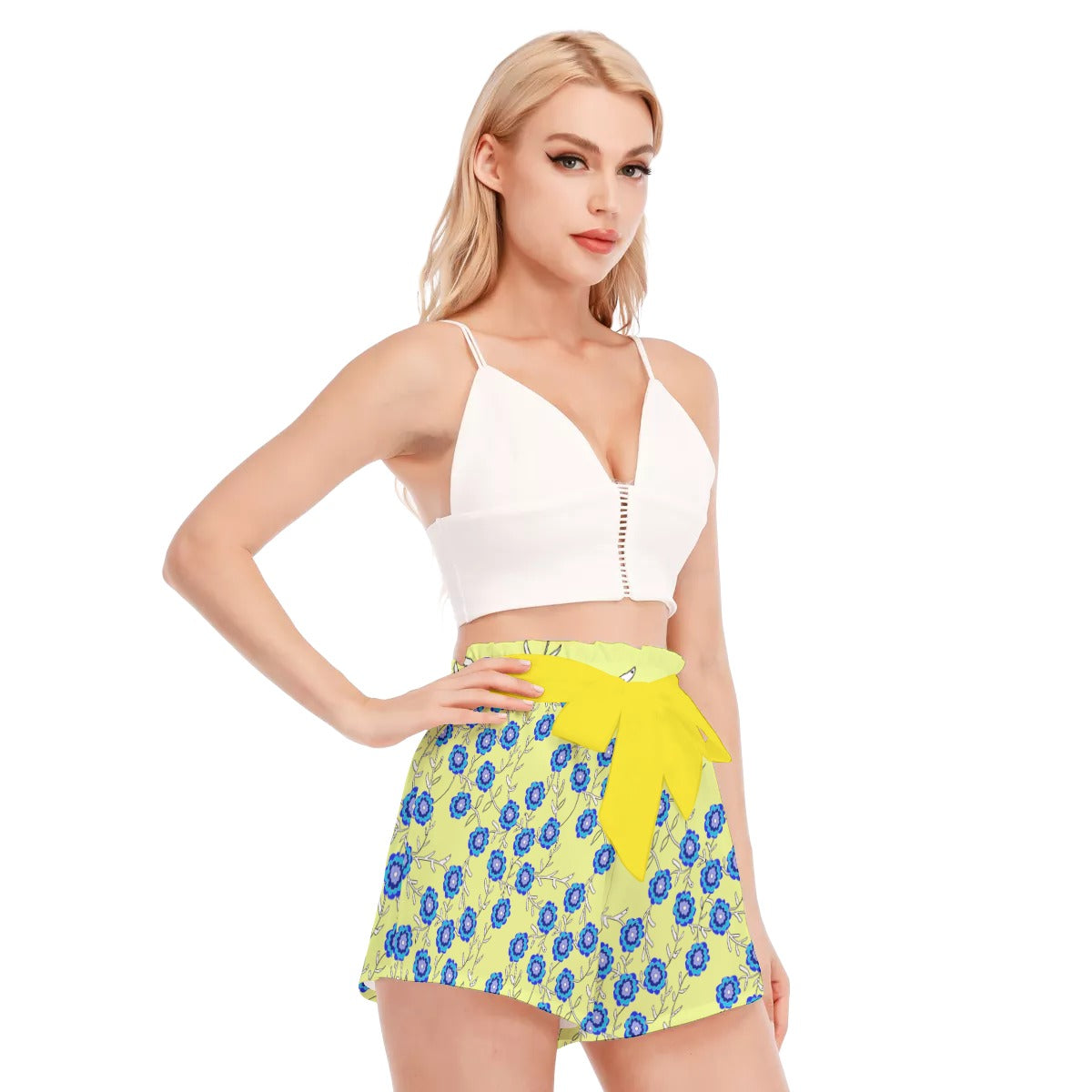 Blue Flowers On Yellow All-Over Print Women's Waist Shorts