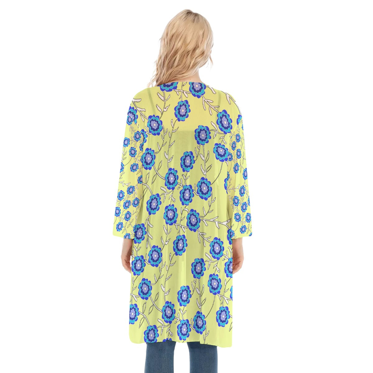 Blue Flowers On Yellow All-Over Print Women's V-neck Mesh Cardigan