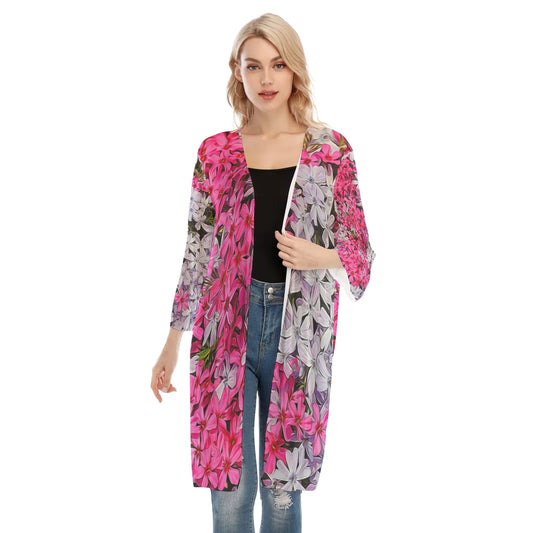 Pink and White Phlox All-Over Print Women's V-neck Mesh Cardigan