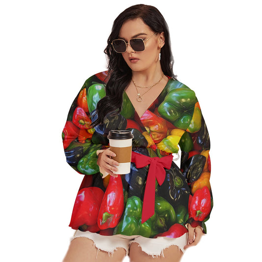 Colorful Bell Peppers All-Over Print Women's V-neck T-shirt With Waistband (Plus Size)