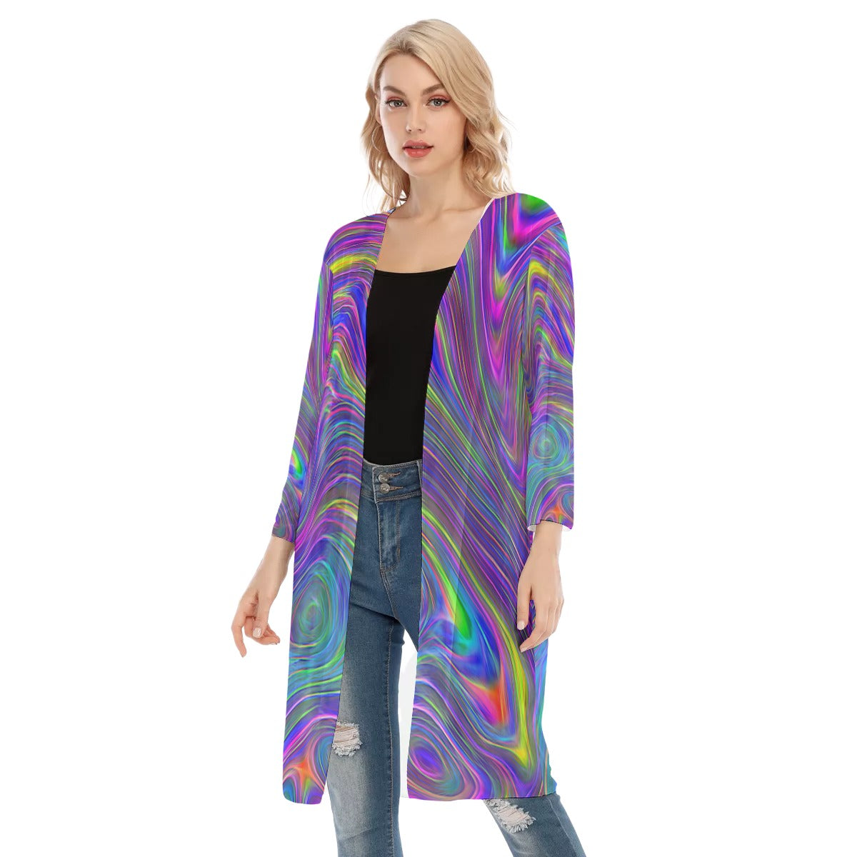 Abstract With Blue All-Over Print Women's V-neck Mesh Cardigan