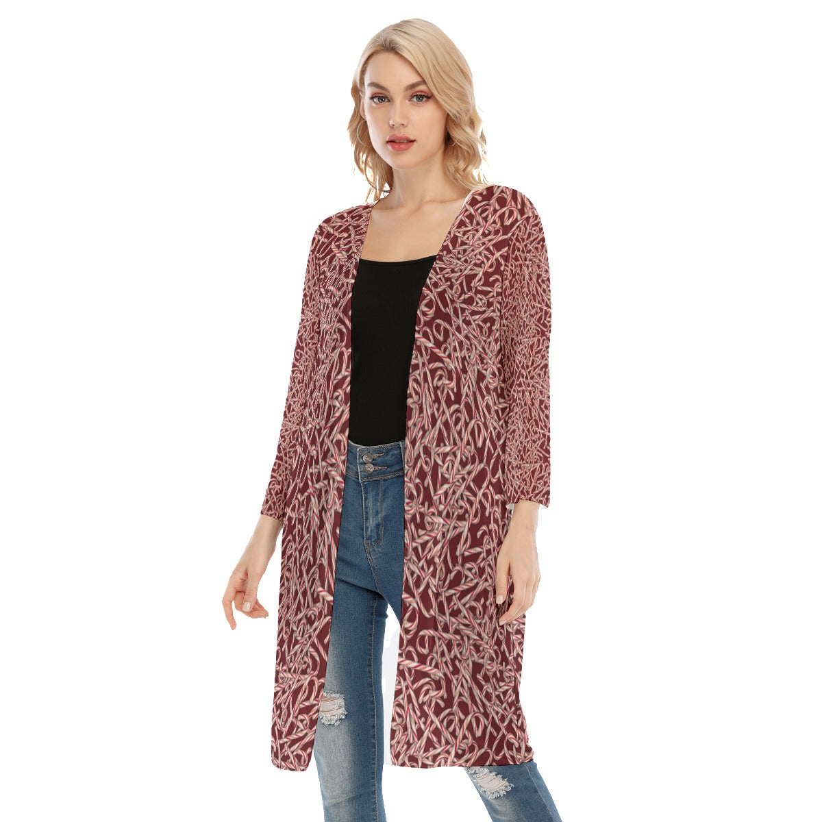 Candy Cane Pattern All-Over Print Women's V-neck Mesh Cardigan