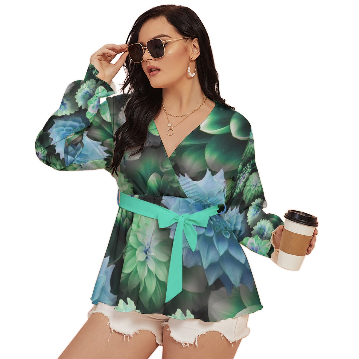 Blue Green Dahlias All-Over Print Women's V-neck T-shirt With Waistband (Plus Size)