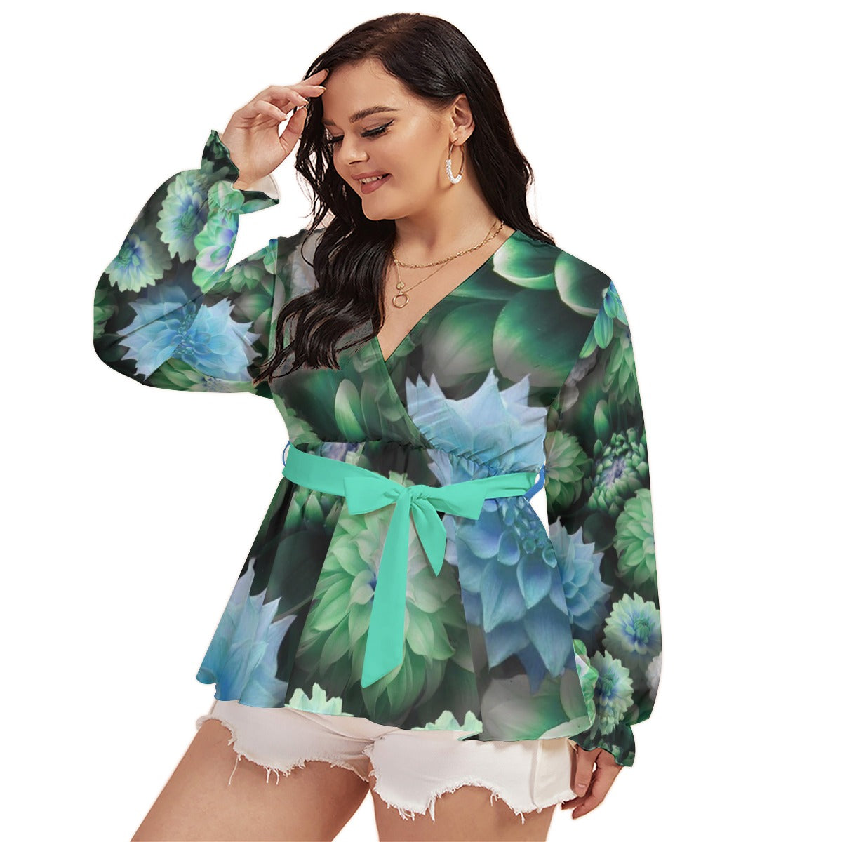 Blue Green Dahlias All-Over Print Women's V-neck T-shirt With Waistband (Plus Size)