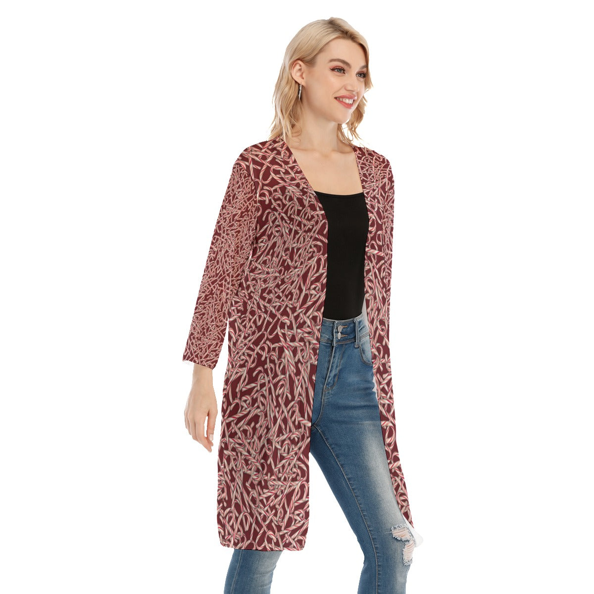 Candy Cane Pattern All-Over Print Women's V-neck Mesh Cardigan