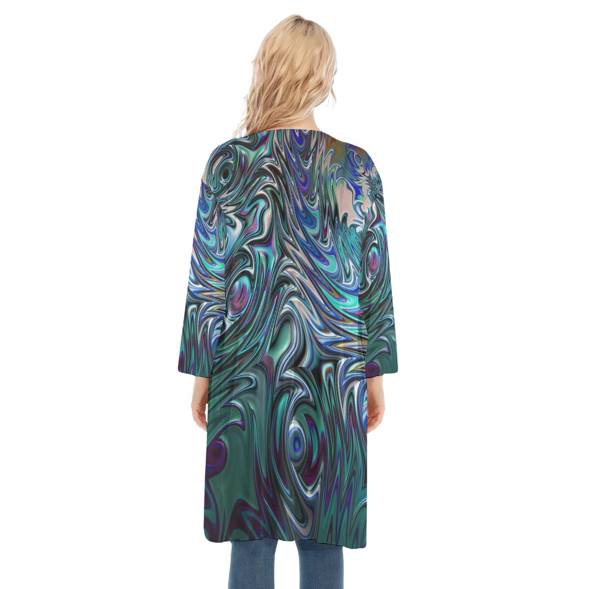 Blue Swirl Fractal All-Over Print Women's V-neck Mesh Cardigan