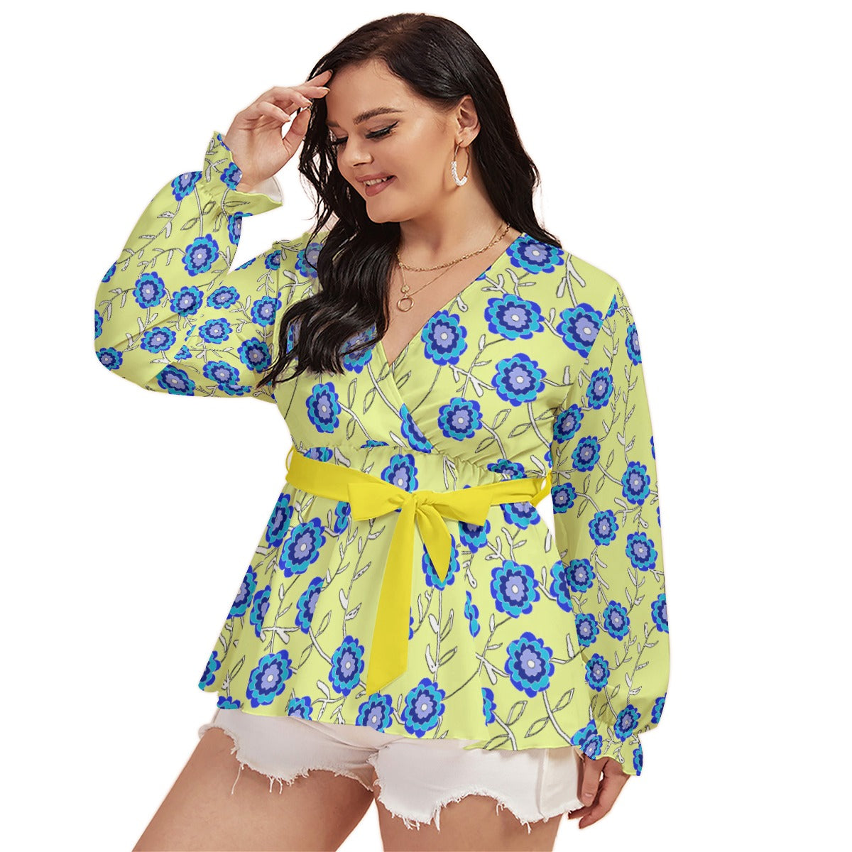 Blue Flowers On Yellow All-Over Print Women's V-neck T-shirt With Waistband (Plus Size)