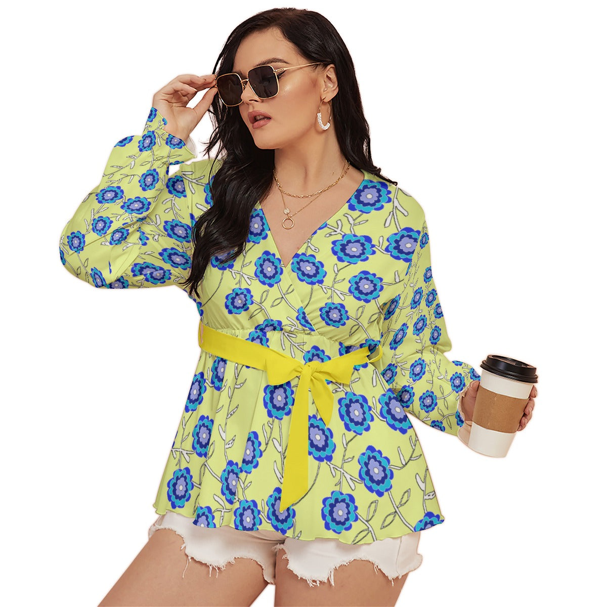 Blue Flowers On Yellow All-Over Print Women's V-neck T-shirt With Waistband (Plus Size)
